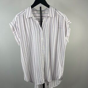 LOFT Womens Striped Rayon Short Sleeve Button Down Shirt Blue Pink White Medium